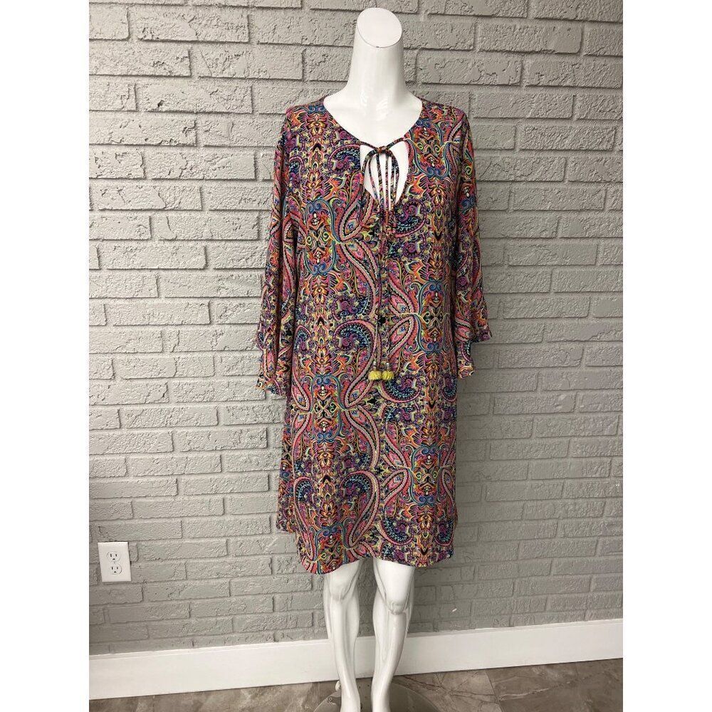 Atina Cristina Women Multi Color Paisley Print Tassels Shift Dress Size M